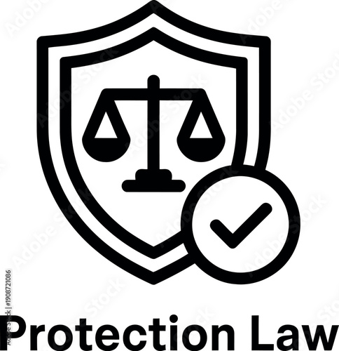 A black and white icon of a shield with a scale and a checkmark representing protection law