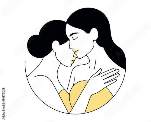 Two women sharing a romantic kiss with love and affection in a minimalist illustration
