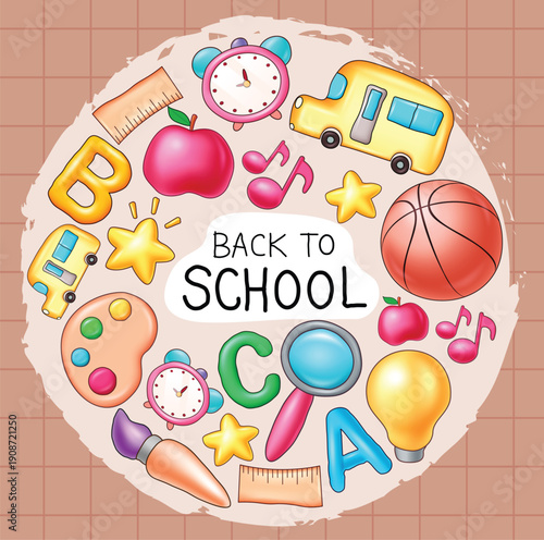 Back to school text, Doodle educational elements, supplies and items for learning. Vector illustration.

