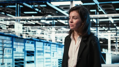 Wallpaper Mural Virtual tour, AR technology, and smiling manager in data center pleased by performance. Walking, augmented reality simulation and happy woman in server hub with blue wireframe mesh gear, camera A Torontodigital.ca