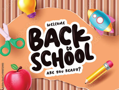 Welcome back to school greeting clipart poster design. School greeting in cardboard background with colorful colorful educational items clip art vector illustration.

