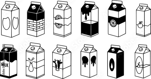 Vector Icon Milk or Juice Carton Boxes in Different Styles and Fill Levels, Representing Dairy Products, Beverage Packaging, Food Supply, and Grocery Shopping Concepts