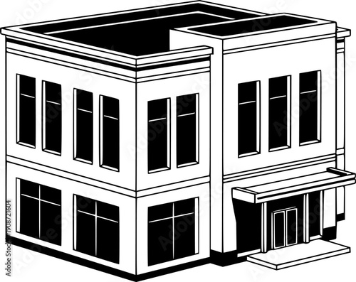 Minimal black and white isometric commercial building illustration in flat vector style, abstract retail or business property icon isolated on a clean white background