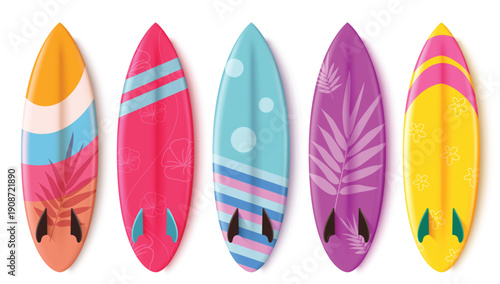 Surfboard set design isolated on white background, Colorful Surfboard with pattern set, Vector illustration.

