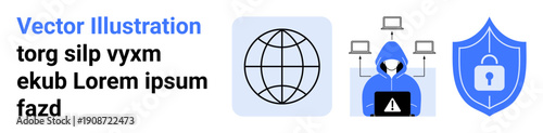 Cybersecurity, data protection, internet safety, hacking prevention, global network, and secure systems. Globe, hacker connected to devices shield with lock. Cybersecurity and data protection