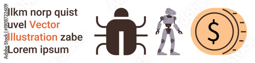 Cybersecurity, AI innovation, economic risks, malware threats, technology development, digital economy. Visuals include a bug, robot and coin symbols. Cybersecurity and AI innovation concept