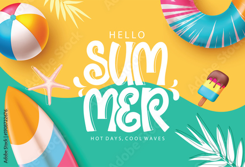 Summer greeting text with summer vector elements in yellow and green abstract background, Hello summer greeting text with summer vector elements, Vector illustration.


