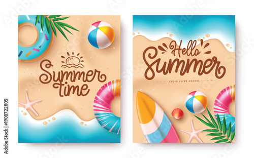 Summer time and Hello summer greeting text with beach vector elements on sand beach, Summer poster design. Vector illustration.

