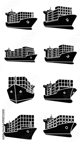 Set of Black and White Container Ship Silhouettes from Various Angles