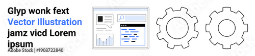 Business management, technology development, system optimization, workflow tools, data analytics, technical interfaces. A webpage template alongside gear icons. Technology development and system