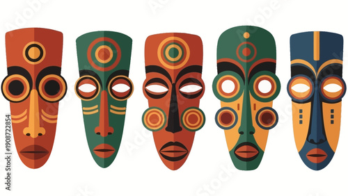 Set of Five Colorful African Tribal Masks with Geometric Patterns on White Background