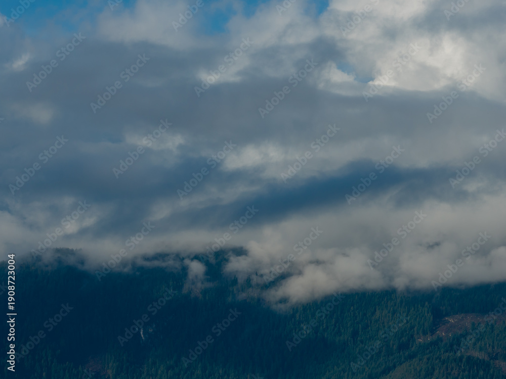 Obraz premium Moggy? No—Correct: Misty Cloudy Mountains Over Forested Ridge Near Howe Sound, BC, Canada