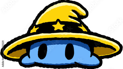 Cute blue cartoon blob character wearing a magical yellow wizard hat with stars. Playful fantasy creature illustration.