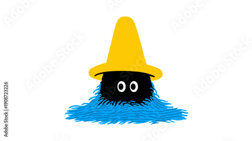 Cute fuzzy cartoon monster with blue fur, big eyes, and a yellow pointy party hat on a white background.