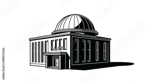Elegant black and white architectural illustration of a classic public building with a prominent domed roof, traditional design