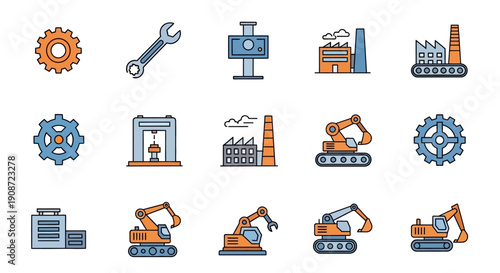 Flat Line Art Industrial Manufacturing and Construction Icons Set on Isolated White Background