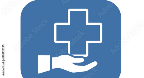 Hand holding a medical cross symbol on a blue background.