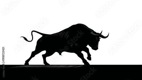 Powerful black bull silhouette charging with aggression against a stark white background. Strong, iconic, and dynamic animal illustration.