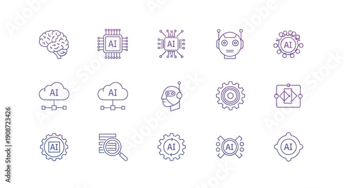 Set of Artificial Intelligence (AI) Line Art Icons, Technology and Machine Learning Concepts, Isolated White Background