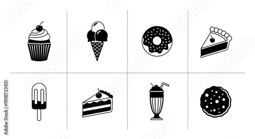 Black and White Dessert Silhouette Icons, Sweet Treats and Bakery Food, Isolated White Background