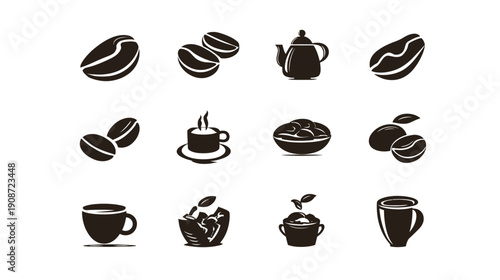 Coffee Icons Vector Set. Monochrome Graphic Collection of Coffee Beans, Steaming Cups, Teapots for Cafe and Beverage Design