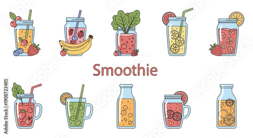 Assortment of Colorful Fruit Smoothies in Glasses and Jars, Healthy Drinks in Bright Studio