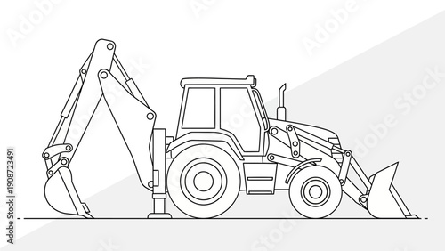 Outline vector illustration of a backhoe loader. Heavy construction equipment for digging, excavation, and earthmoving projects.