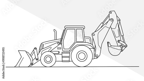 Line art backhoe loader illustration. Outline vector drawing of heavy construction machinery with front bucket and rear excavator arm.