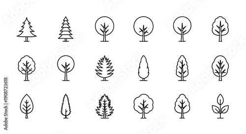 Diverse Set of Outline Tree Icons Illustrating Various Species of Trees for Nature and Environment Themes on an Isolated White Background.