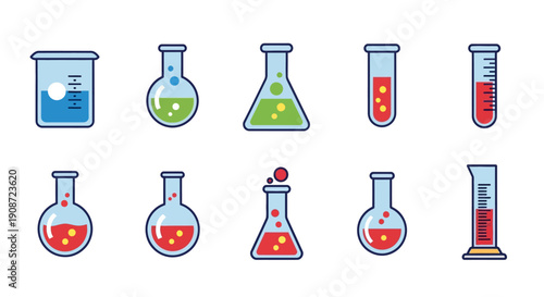 Chemistry Laboratory Glassware Icons with Colorful Liquids on Isolated White Background