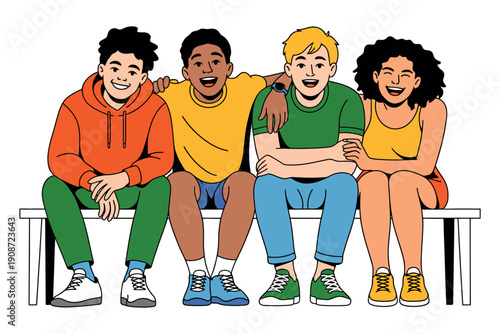 A diverse group of young friends sitting together on a bench smiling and laughing