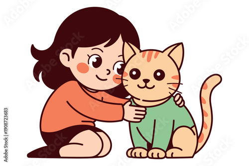 A young girl kneeling and hugging her adorable cat wearing a green shirt
