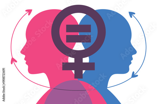 A vibrant illustration of two heads facing each other in a symbol of equality and unity between men and women