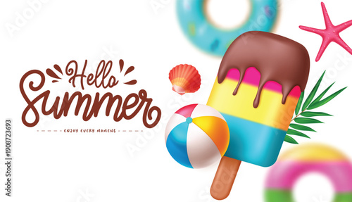 Hello summer greeting vector design. Hello summer text with summer vector elements like popsicle, floaters and sea shell. Vector illustration.

