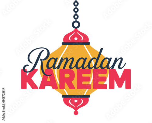 A colorful Ramadan Kareem greeting card with a hanging lantern