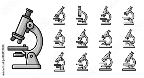 Detailed Laboratory Microscope and a Set of Simplified Microscope Icons on Isolated White Background, Representing Science and Research