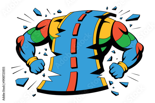 A colorful cartoon superhero bursting through a blue and yellow shirt