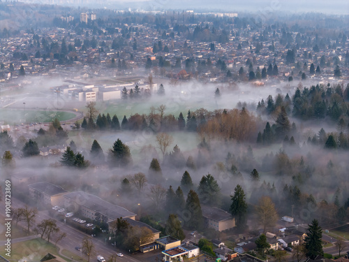 Aerial View Of Foggy Suburban Landscape In Burnaby, BC, Canada Over Trees And Fields