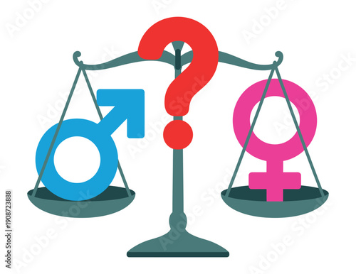 A scale balancing male and female gender symbols with a question mark