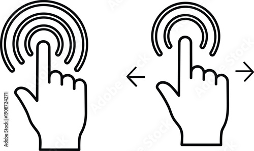 Vector illustration of touchscreen gesture icons in black-and-white minimalist design symbolizing tap, swipe, touch interaction, and mobile navigation