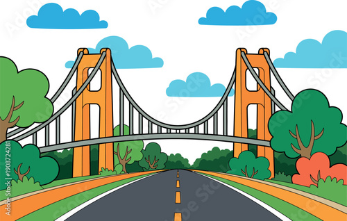 A cartoon illustration of the Golden Gate Bridge with a road leading to it, surrounded by trees and a cloudy sky.