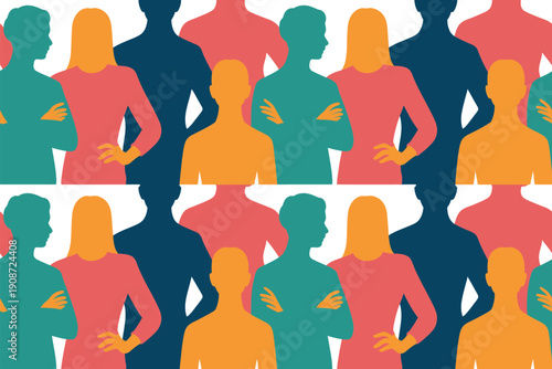 A diverse group of people standing together in a crowd with colorful silhouettes