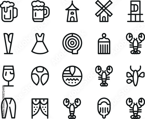A collection of various icons including food, drinks, and objects on a white background