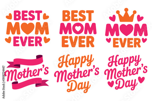 A colorful graphic design featuring various Mother's Day phrases and ribbons on a white background