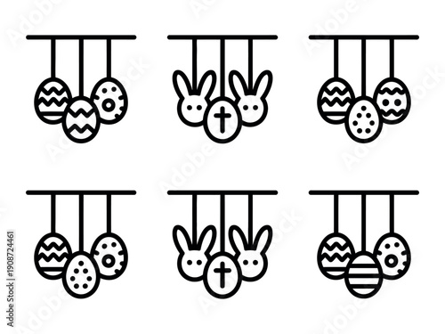 A set of Easter icons featuring hanging eggs and bunnies with crosses on a white background
