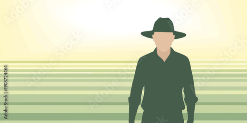Minimalist silhouette portrait of a farmer wearing hat with farmland background. Perfect for agriculture branding, rural lifestyle themes, and farming identity concepts.