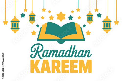 A colorful Ramadan Kareem greeting with an open book and lanterns