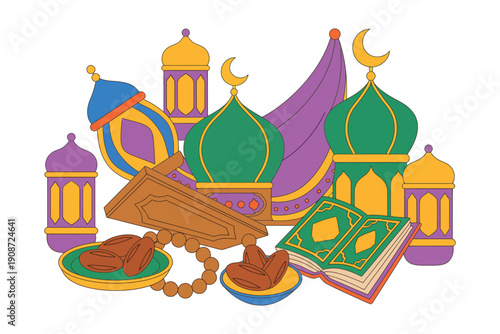 A colorful illustration of Islamic symbols and objects for Ramadan or Eid celebrations