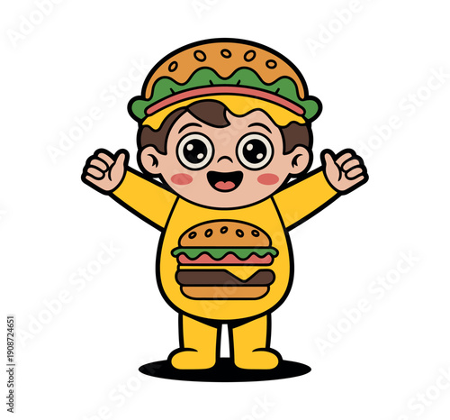 A cartoon boy wearing a hamburger costume and hat with a cheerful expression