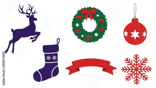 Christmas Icons Set: Reindeer, Stocking, Wreath, Ornament, Snowfake, Banner